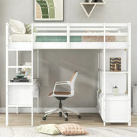 Full Size Loft Bed with Built-in Desk with Two Drawers, Storage Shelves and Drawers, Solid Wood Loft Bed Frame with Built-in Ladder and Guardrails for Kids Teens Adults, Maximized Space, White