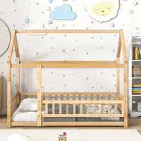 Twin Size Floor Bed with Fence for Kids and Toddlers, Montessori Bed Playhouse Bed with Roof, Solid Wood Platform Bed Frame for Boys and Girls Bedroom, No Slats Included (Natural, Twin Size)