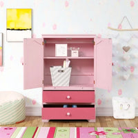 Pine Wardrobe with 2 Drawers,Children Dress up Storage Side Cabinet with a Clothes Rail and a Adjustable Shelf,Wood Storage Cabinet for Bedroom Apartment, Pink
