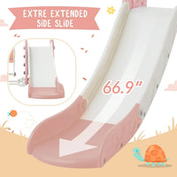Toddler Slide and Swing Set, 4-in-1 Kids Slide with Height Adjustable Swing, Basketball Hoop and Climber Stairs, Toddler Playground Toddler Playset for Indoor Outdoor, Pink and White