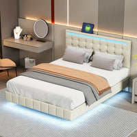 Queen Bed Frame with Led Lights,Upholstered Platform Bed Frame with USB Charging and Headboard, PU Floating Bed Frame for Living Room, Strong Wood Slat Support,No Box Spring Needed,Beige