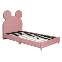 Twin Size Upholstered Toddler Bed with Bear Ear Shaped Headboard, Velvet Fabric Low Platform Bed with Wood Slat Support, Twin Size Bed for Kids, Girls, Boys, Pink