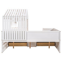 Full Size House Bed for Kids, Wooden Full Low Loft Bed with 4 Drawers, Full Storage Bed Frame with Roof and Windows, Multifunctional Cabin Playhouse Bed for Girls Boys, No Box Spring Needed, White