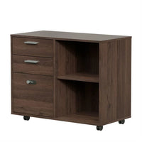 Drawer File Cabinet with Coded Lock, Bedside Table Mobile Lateral Filing Cabinet Printer Stand with Open Storage Shelves & 5 Universal Wheels, Wood Grain Two Layer Storage Cabinet for Office, Brown