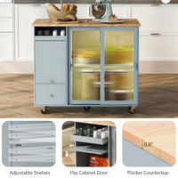 Kitchen Island with Drop Leaf, Modern LED Light Kitchen Cart on Wheels with 2 Fluted Glass Doors and 1 Flip Cabinet Door, 44" Large Kitchen Island Cart with an Adjustable Shelf and 2 Drawers, Gray