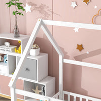 Full Size House Bed for Children,Solid Wood Floor Bed Frame with Fence Guardrails and Roof Montessori Bed,Playhouse Bed for Children Girls and Boys,White(No Bed Slats)