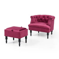 Modern Velvet Accent Chair with Storage Ottoman, Button Tufted Sofa Chairs Armchair with Nailhead Trim & Solid Wood Legs, Upholstered Lounge Chair Reading chair for Living Room Bedroom, Burgundy