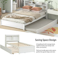 Twin Bed with Trundle, Twin Size Platform Bed with Bookcase Headboard and Pull Out Trundle Bed for Kids Teens Adults, Wooden Twin Bed Frame with Storage Shelves, Bed Frame for Living Room, White