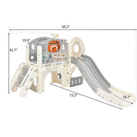 7 IN 1 Kids Slide Playset Structure, Freestanding Castle Climbing Crawling Playhouse with Slide and Arch Tunnel, Toy Storage Organizer with Ring Toss and Basketball Hoop for Toddlers Kids, Gray