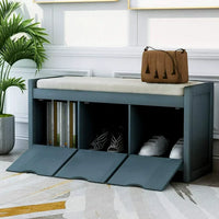 Storage Bench Upholstered Storage Bench with Flip Lock Storage Cubbies and Removable Cushion, Wood Entryway Shoe Bench for Hallway, Entryway, Bedroom and Living Room, Gray Wash