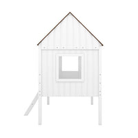 Twin House Loft Bed with Roof for Kids, Low Wooden Bed Frame with Ladder and Fence Guardrails, Montessori Bed with Two Side Windows for Children's Bedroom, No Box Spring Needed, White&Brown
