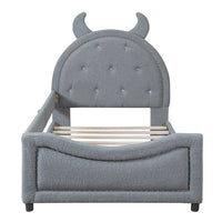 Lovely Teddy Fleece Twin Size Bed, Bed Frame with Side Fense, OX Horn Shaped Headboard, Upholstered Bed Frame of High Load-Bearing Capacity, Noise-Free, Gray