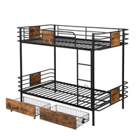 Metal Bunk Bed Twin XL Over Twin XL, Metal Bunk Bed with 2 Storage Drawers and MDF Board Guardrail, Bunk Bed for Kids Boys Girls Teens, Black