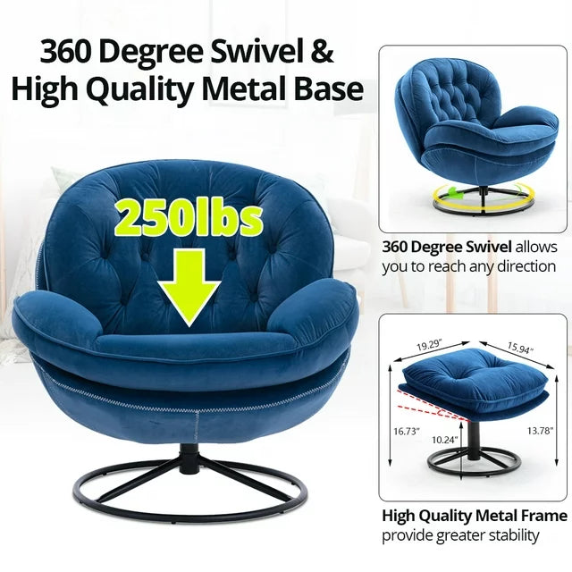 Velvet Swivel Accent Chair with Ottoman Set, Modern Lounge Chair with 360 Degree Swiveling Metal Base & Footrest, Comfy Single Sofa Chair for Living Room Bedroom, Reading Room, Home Office, Blue