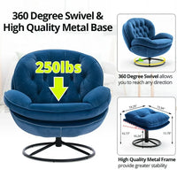 Velvet Swivel Accent Chair with Ottoman Set, Modern Lounge Chair with 360 Degree Swiveling Metal Base & Footrest, Comfy Single Sofa Chair for Living Room Bedroom, Reading Room, Home Office, Blue
