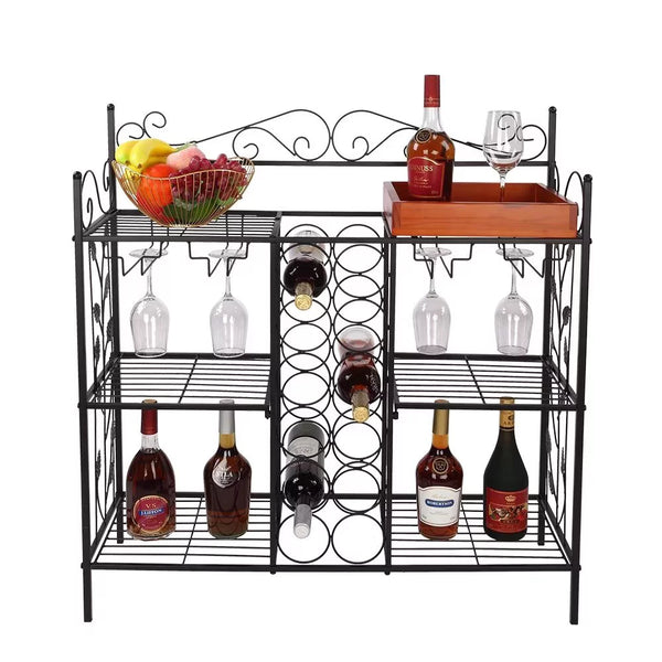 Retro Console Table with 6 Shelves and 12 Bottles Wine Racks, Metal Storage Bookshelves Side Table with Wood Cabinet, Multifunctional Freestanding Cupboard for Entryway Kitchen Living Room, Black