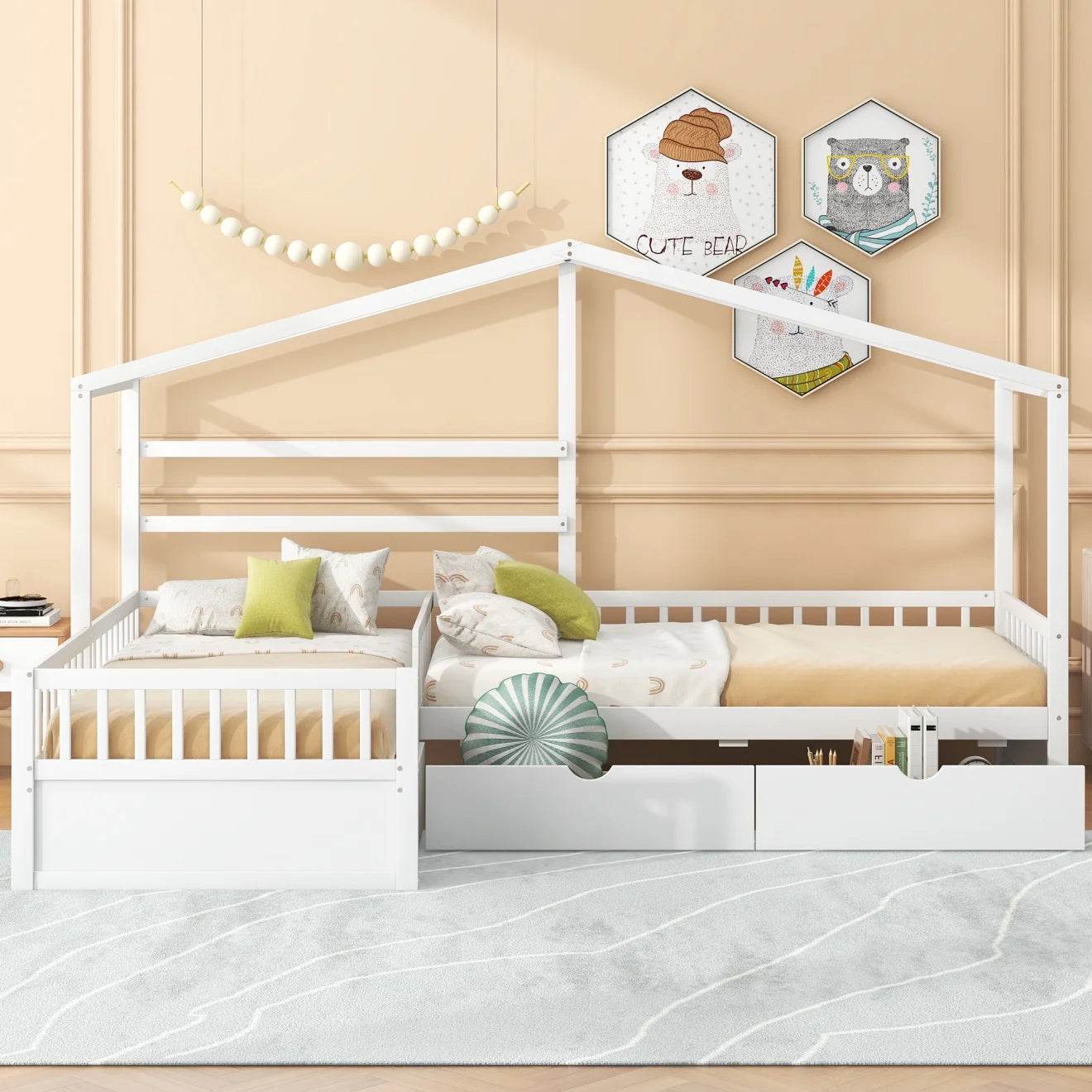 L-Shape House Beds with Storage Drawers, Twin Size Double Platform Bed with Fence Railings, Wood Corner Bed Frame Montessori Bed, Tent Beds for Two Kids Boys Girls Teens, White