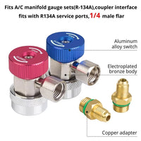 R134a Quick Coupler Adapter, High & Low Adjustable R134a Adapter Fittings and AC Hose Fittings, HP and LP Connectors for R134a Car AC System Evacuation Recharging and More, 1/4" Flares, 2pcs