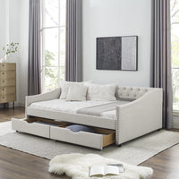 Full Size Daybed with 2 Drawers, Upholstered Tufted Sofa Bed Frame with Wood Slats Support & Button Back & Copper Nailed Armrests, for Bedroom, Living Room, No Box Spring Needed, Beige