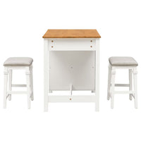 Stationary Rubber Wood Kitchen Island Set with 2 Dining Stools, Modern Farmhouse 3 Pieces Dining Table Set with 2 Shelves and 3 Drawers, for Small Places, Home, 45", White
