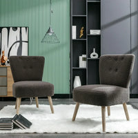 Teddy Fabric Slipper Chair Modern Accent Chair with Button Ergonomic Backrest, Upholstered Comfy Side Chair with Solid Wood Legs for Living Room Bedroom Make-Up Room, Dark Gray
