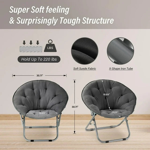 Folding Saucer Chair with Metal Frame and Ergonomic Seat, Portable Moon Chair with X-Shape Tube and Soft Fabric Comfy Lounge Room Chairs for Bedroom Living Room Courtyard