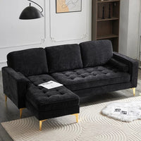 Modular Sectional Sofa with Chaise Lounge, 85" L-Shape Sectional Couch with 2 Pillows and Golden Tripod Legs, Chenille 3-Seater Sofa for Living Room, Apartment, Black