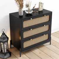 Modern 3 Drawer Dresser, Rattan Chest of Drawers with Spacious Storage Rattan Dresser, Closet Storage Bedside Table Dresser for Bedroom Living Room Entryway, Hallway, Black