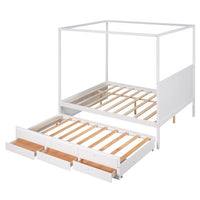 Queen Size Platform Bed, Wood Canopy Platform Bed with Trundle and Storage Drawers, Wood 4-Poster Bed with Headboard for Adults Kids Teens, Space Saving Bed Frame, Bed Frame Bedroom Furniture, White
