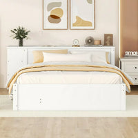 Full Bed Frame with Drawers and Twin size Trundle, Full Size Platform Bed with Extended Storage Headboard and Rolling Shelf, Wooden Frame and Slats Support, White