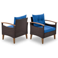 4-Piece Outdoor Sofa Set, PE Rattan Patio Sofa Set with 2 Single Chair, 1 Loveseat and 1 Wood Table, Patio Furniture Set with Solid Legs for Pool Side,Backyard,Garden, Blue
