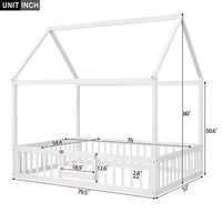 Full Size Floor Bed, Wood House Bed with Safety Fence and Door, Montessori Floor Bed with Roof, Floor Bed Frame for Children Boys and Girls, White