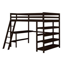 Full Size Loft Bed with Desk and Storage Shelves,Wooden High Loft Bed Frame with Ladder and Bookshelf for Dorm,Kids Adults Boys Girls Teens,Espresso
