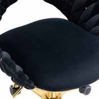 Velvet Office Chair with Hand Woven Backrest,Adjustable Swivel Accent Armchair,Upholstered Tufted Vanity Chair with Gold Base,Ergonomic Study Chair Computer Desk Chair for Living Room Bedroom,Black