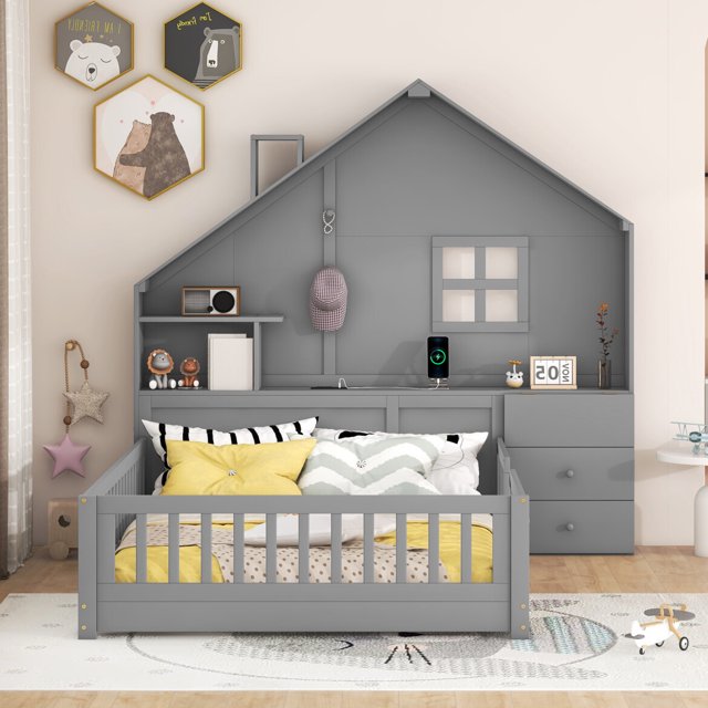 Full Floor Bed for Kids Wood Montessori Floor Bed with Rails and