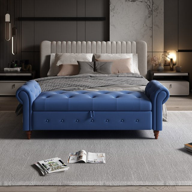 63" Storage Ottoman Bench, Button Tufted End of Bed Bench with Rolled Arms, Storage Bench with Solid Wood Legs, for Living Room, Bedroom, Entryway, Navy Blue