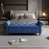 63" Storage Ottoman Bench, Button Tufted End of Bed Bench with Rolled Arms, Storage Bench with Solid Wood Legs, for Living Room, Bedroom, Entryway, Navy Blue