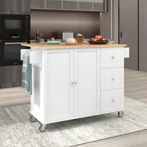 Kitchen Island Cart with Solid Wood Drop Leaf Desktop and Locking Wheels, 52.7'' Rolling Mobile Kitchen Trolley Cart with Storage Cabinet & Drawer & Spice Rack & Towel Rack, White