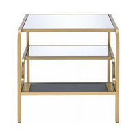 Accent End Table, Rectangular Glass Tabletop Multi-Tier Organizer Shelves Golden Metal Frame, Bedroom Nightstand, Living Room Sofa Side Table, 28" x 24" x 23"