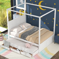 Queen Size Platform Bed, Wood Canopy Platform Bed with Trundle and Storage Drawers, Wood 4-Poster Bed with Headboard for Adults Kids Teens, Space Saving Bed Frame, Bed Frame Bedroom Furniture, White