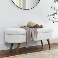 Oval Storage Bench 43.5" Modern Linen Fabric Upholstered Entryway Bench with Rubber Wood Legs Ottoman Bench Indoor Storage Bench for Living Room, Bedroom, End of Bed, Entryway, Bed Side, White