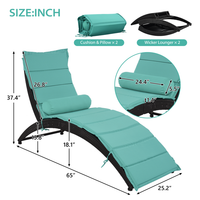 Patio Wicker Sun Lounger Set of 2, PE Rattan Foldable Chaise Lounger with Removable Cushion and Pillow, 2PCS Recliner Chair with Black Wicker and Turquoise Cushion for Poolside Garden Yard, Blue
