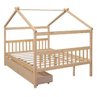 Full Size House Bed, Wood House Bed with 2 Storage Drawers and Headboards, Low Platform Bed Playhouse Bed with Roof, Bed Bed Frame for Boys & Girls Bedroom, Natural