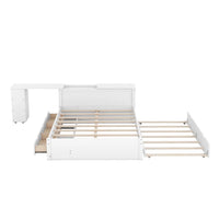 Full Bed Frame with Drawers and Twin size Trundle, Full Size Platform Bed with Extended Storage Headboard and Rolling Shelf, Wooden Frame and Slats Support, White