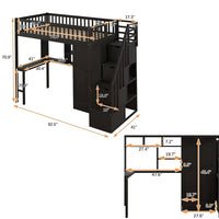 Twin Size Loft Bed with Desk and Storage Stairs, Multifunctional Loft Bed with Bookshelf, Drawers and Wardrobe, Wood Loft Bed Frame with Fence Shaped Guardrails, No Box Spring Needed, Expresso
