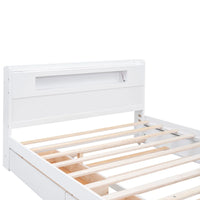 Queen Size Bed Frame w/Twin Trundle & 2 Storage Drawers, Wooden Platform Bed w/Slat Support and LED Headboard, No Box Spring Needed, for Kids Teens Adults Bedroom (White)