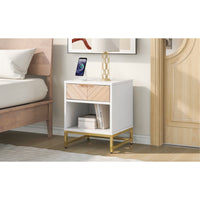 Nightstand with USB Charging Station,Modern Accent End Table with Natural Wood Finish Drawer,Sofa Side Table Storage Cabinet with Metal Legs and Handle,Bedside Table for Bedroom Living Room,White