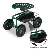 Rolling Garden Cart, 4-Wheel Garden Work Seat with Storage Basket, Height-Adjustable Swivel Seat and Extendable Steer Handle, 300-Pound Capacity for Outdoors, Lawns, and Yards, Green