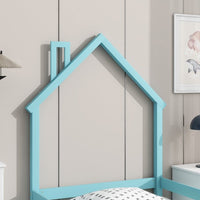 Twin Size Floor Bed, Wooden Montessori Bed Fence Bed with House Shape Headboard, Wood House Bed Platform Bed, for Boys Girls, Low to Ground Height, No Box Spring Needed, ight Blue