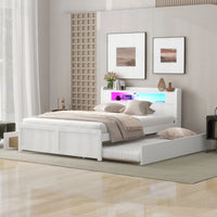 Queen Size Bed Frame w/Twin Trundle & 2 Storage Drawers, Wooden Platform Bed w/Slat Support and LED Headboard, No Box Spring Needed, for Kids Teens Adults Bedroom (White)